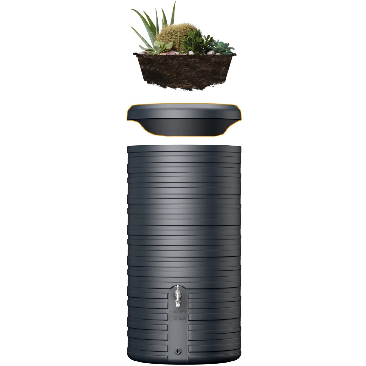 Garantia Regentonne Nordic 2in1, 300 l, Graphitgrau, mit Pflanzschale und Zulaufdichtung.
