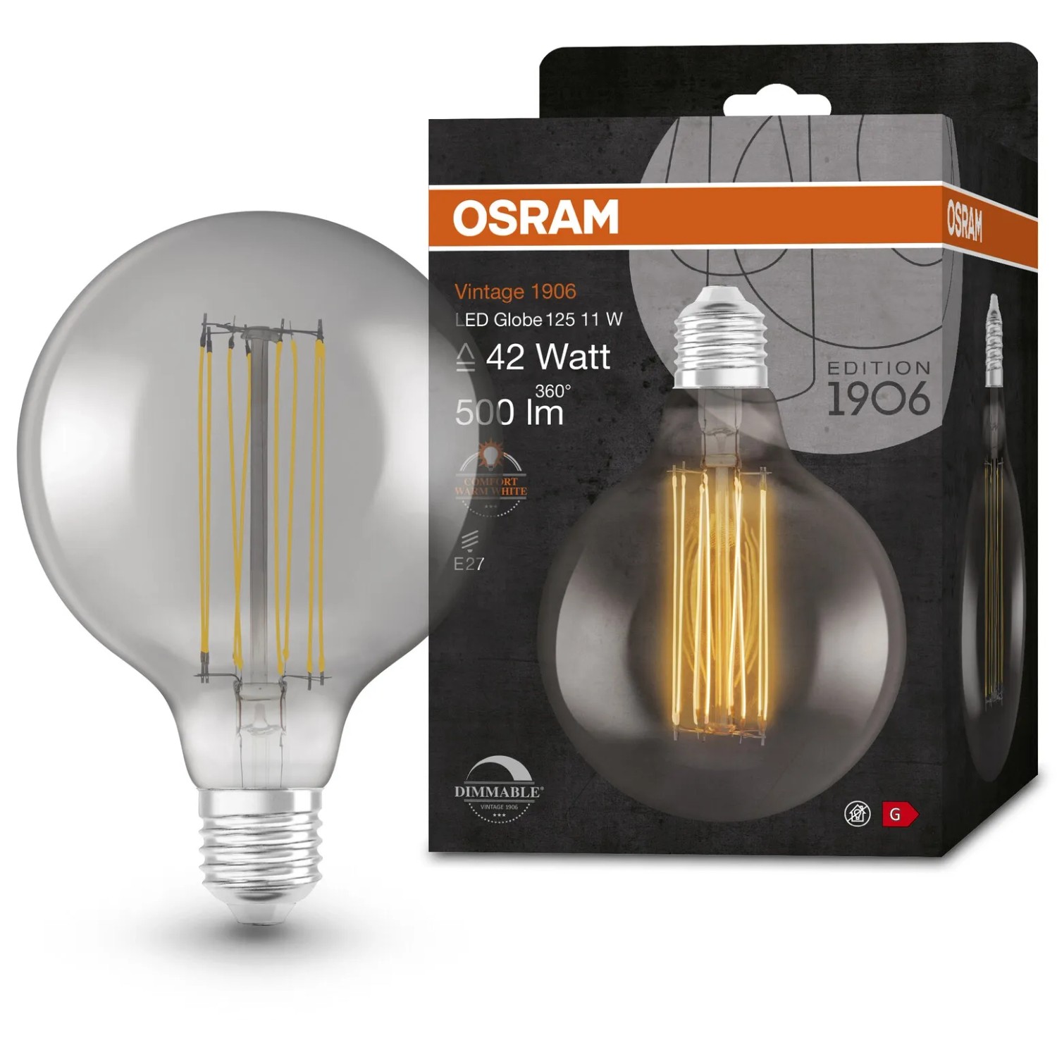 Osram E27 LED-Leuchtmittel in Globeform, 11W, 500lm, warmweiß, dimmbar.