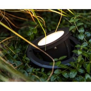 Lutec LED Bodeneinbaustrahler Arctic, schwenkbar, im Garten zwischen Pflanzen.
