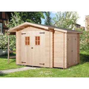 Weka Holz-Gartenhaus Bologna Natur mit Anbaudach, Doppel-Flügeltür und zwei Fenstern.