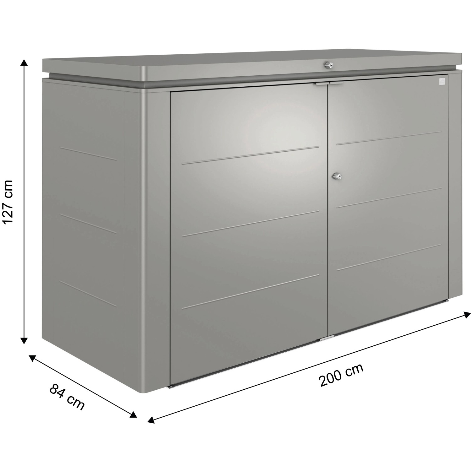 Biohort HighBoard 200 Gartenbox in Quarzgrau-Metallic mit Maßen.