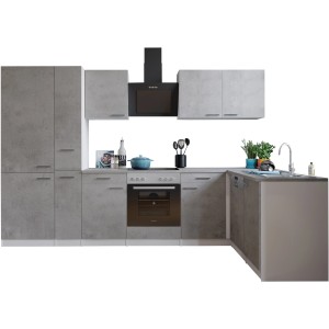 Respekta L-Küche Malia 310 cm in Betonoptik mit E-Geräten wie Kühl-/Gefrierkombination.