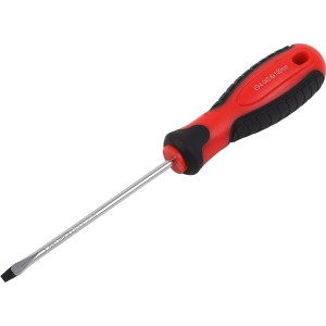 Schlitz-Schraubendreher (4 mm x 100 mm) mit rot-schwarzem Kunststoffgriff.