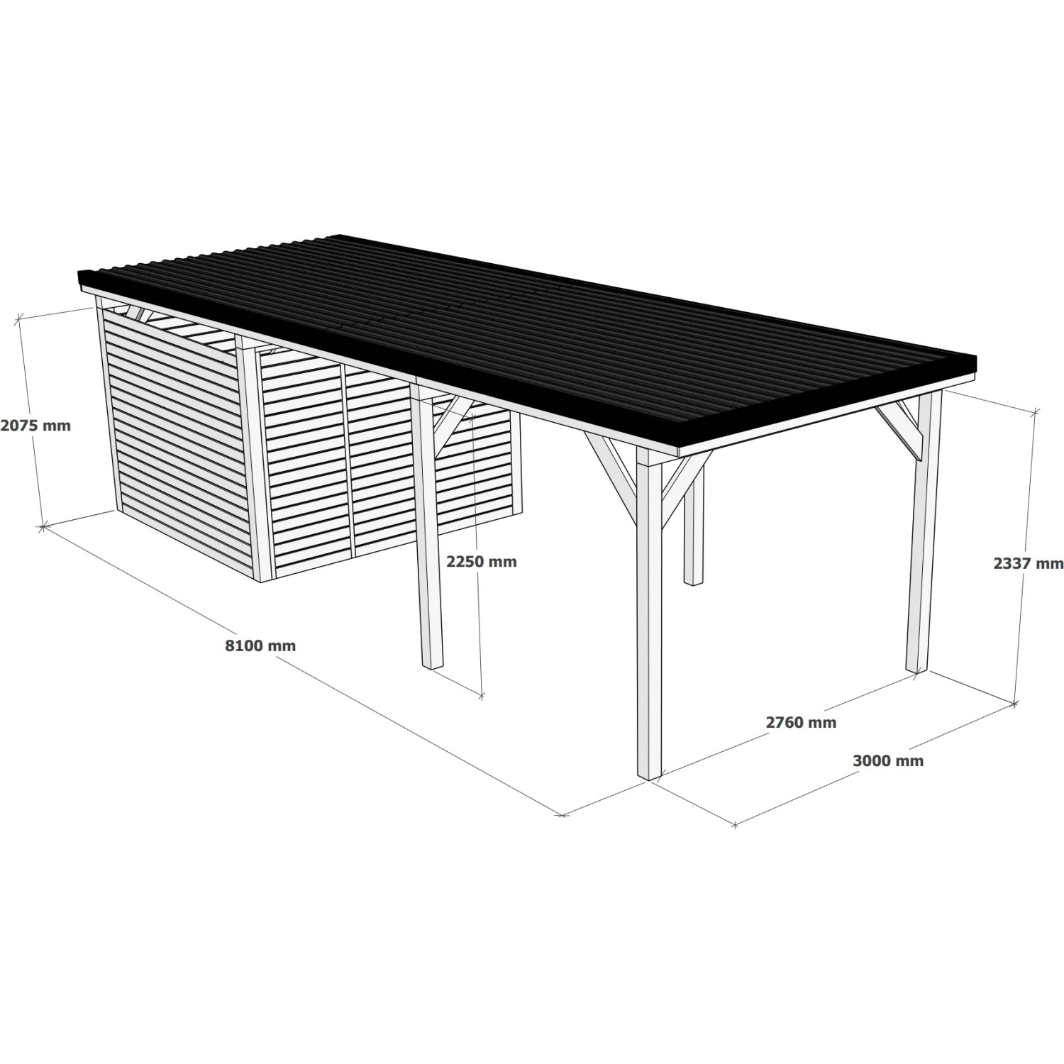 Holzbrüder Carport Ralf mit Geräteraum, imprägniert, dunkelgraues Dach, Maße: 300x868 cm.