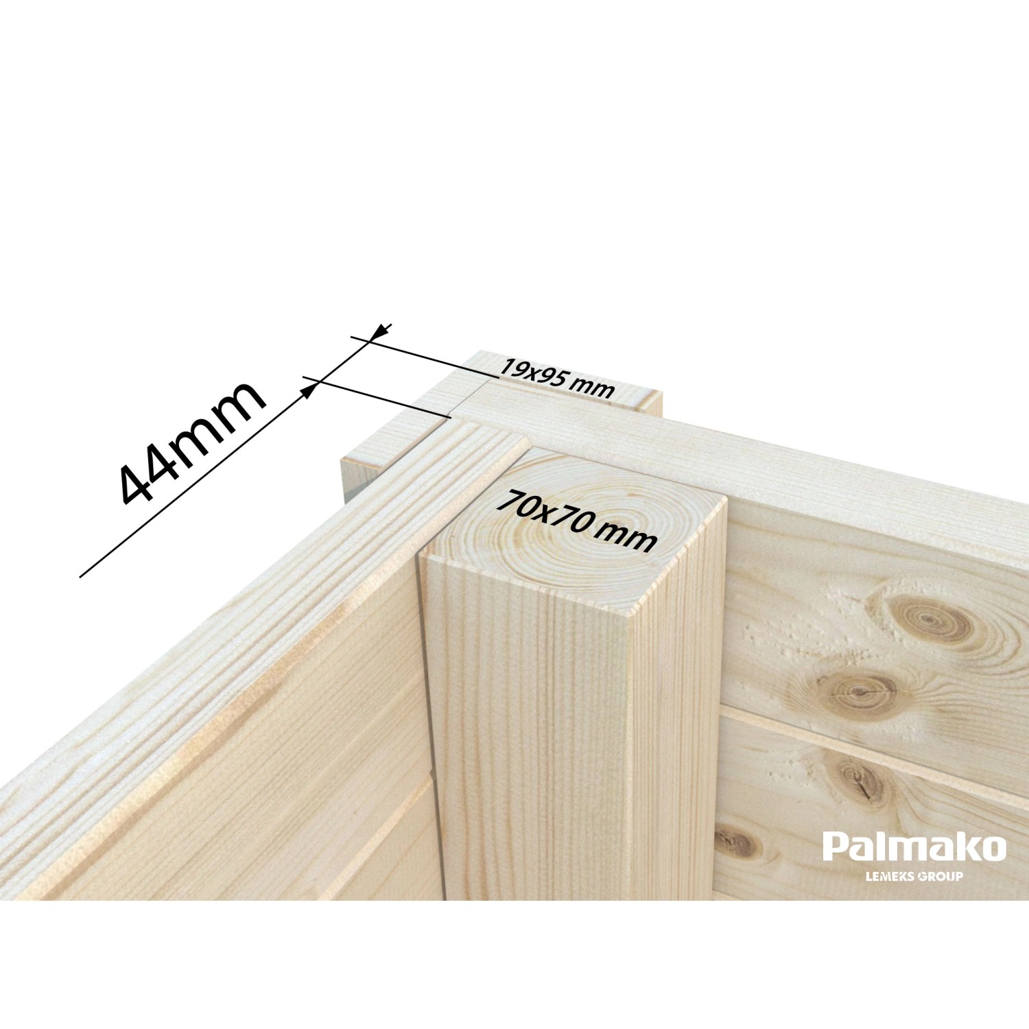 Detailaufnahme der Eckverbindung des Palmako Gartenhauses Andrea: 44 mm Blockbohlen, 70x70 mm Pfosten.