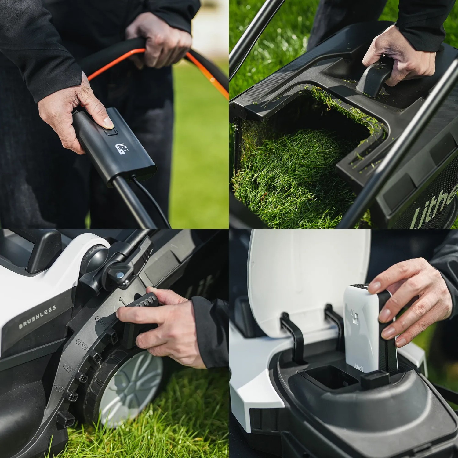 Details des Litheli U20 Akku-Rasenmähers: Akku, Fangkorb, Höhenverstellung, Motor.