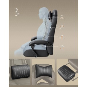 Ergonomischer Songmics Gaming-Stuhl Cathy mit Kopfkissen und Fußstütze in Schwarz.