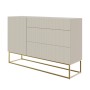 Modernes Selsey Sideboard Veldio 140 cm in Greige mit geriffelten Fronten, 3 Schubladen, Tür und goldenen Beinen.