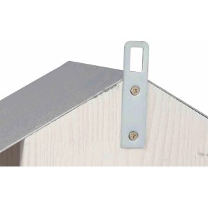 Detailansicht: Weißes Siena Garden Vogelhaus aus Kiefernholz mit silbernem Metalldach und Aufhängevorrichtung.