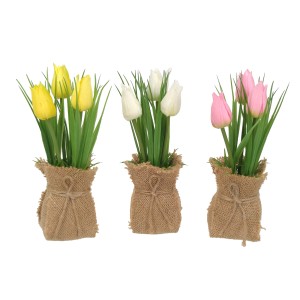Boltze Topfpflanzen-Set Tulip, 24-teilig, 3-fach sortiert in Weiß, Gelb und Rosa, im Jute-Topf.