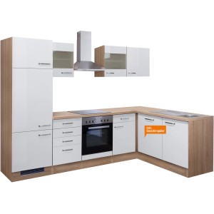 Flex-Well Winkelküche Valero in Weiß Hochglanz/Sonoma Eiche mit E-Geräten und Spüle.