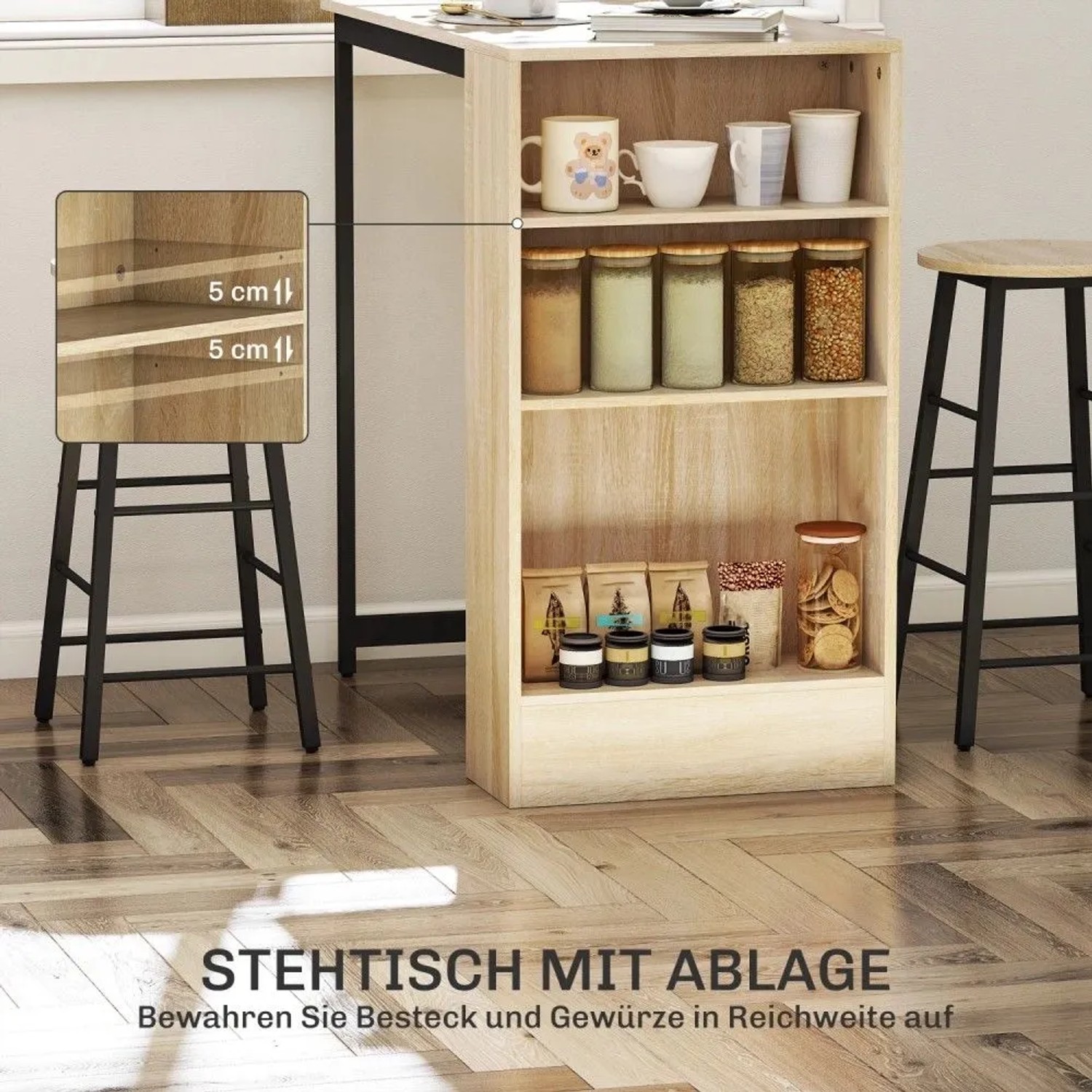 HOMCOM Bartisch Set Eiche: Stehtisch mit integriertem Regal, verstellbaren Fächern für Küchenutensilien. Inkl. Barhocker.