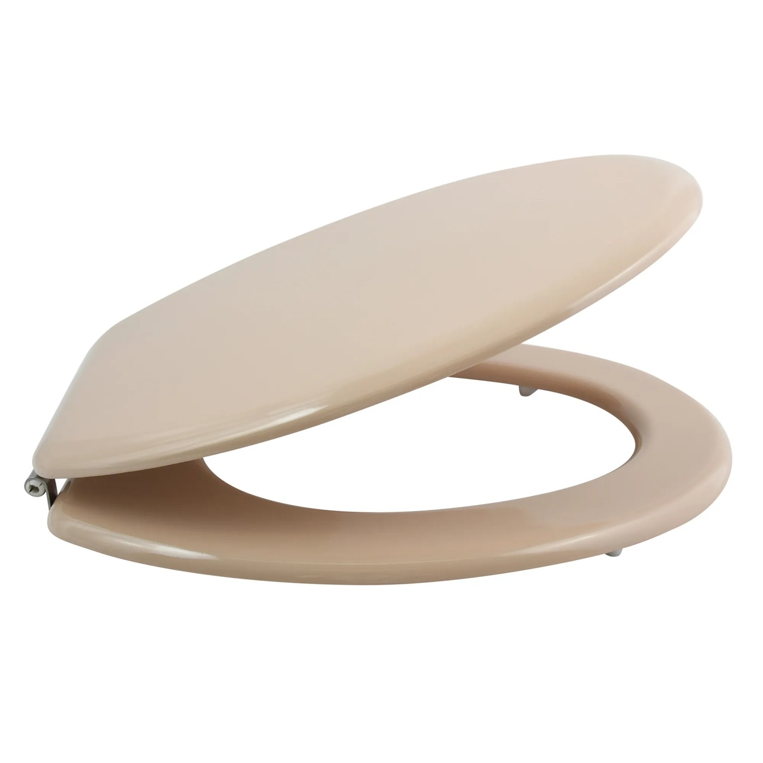 Beiger MSV WC-Sitz Cleo aus MDF mit Edelstahl-Scharnieren, seitliche Ansicht.