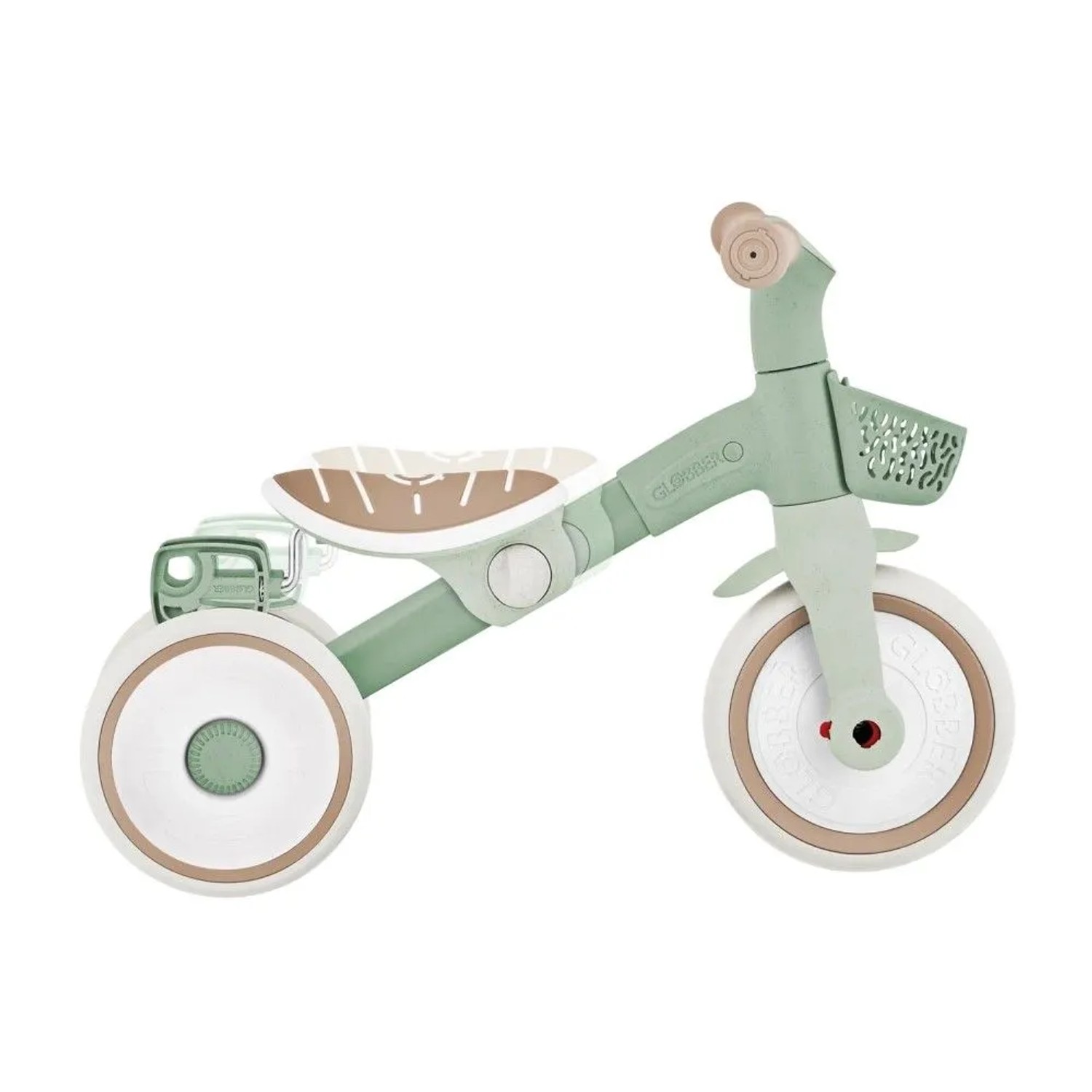 Globber Learning Trike 2in1 in Salbei Grün, Dreirad für Kinder mit höhenverstellbarem Sattel und Korb.