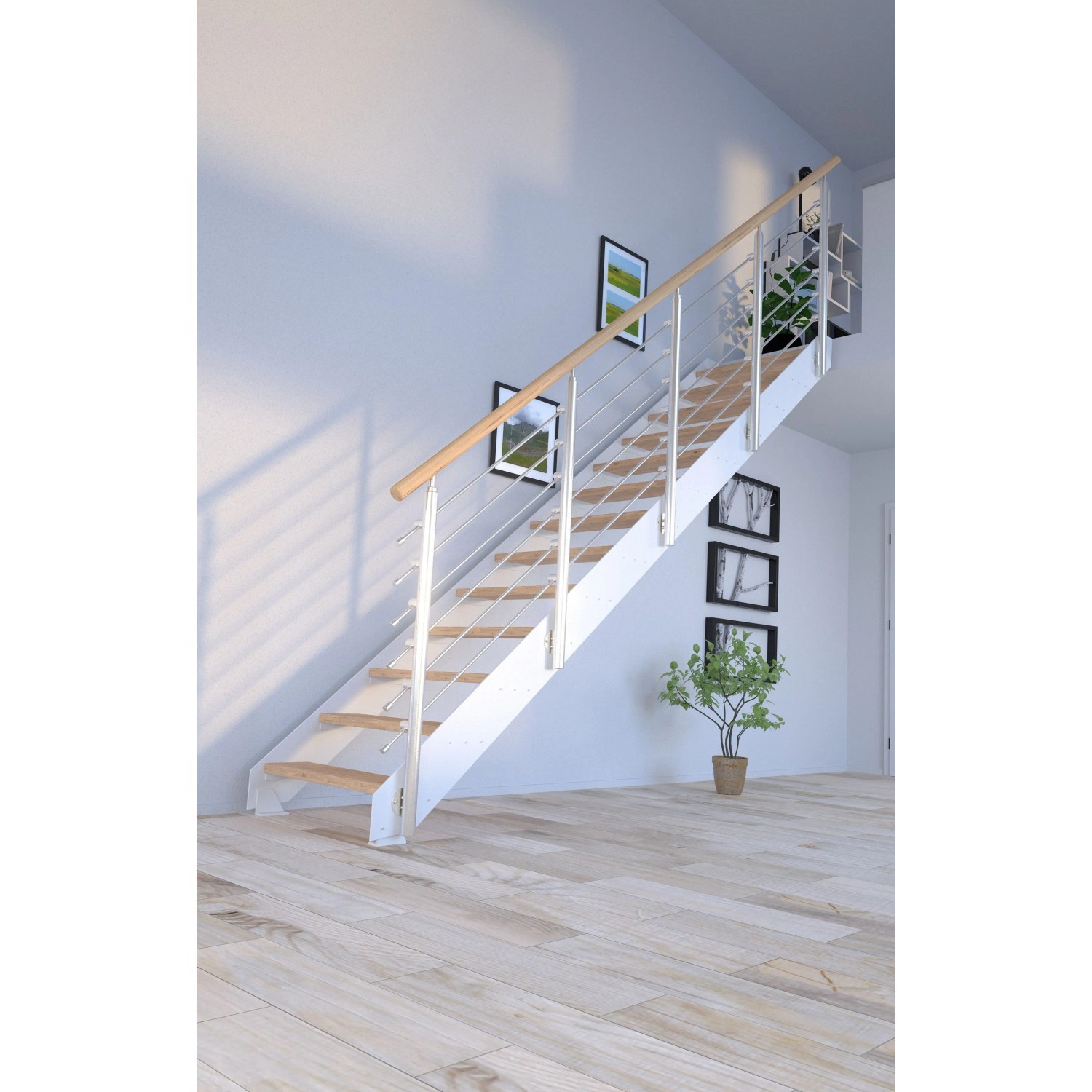 Treppe Kos 14 Stufen Eiche Rustik Geölt 87 cm Design-Geländer Weiß FSC®_9