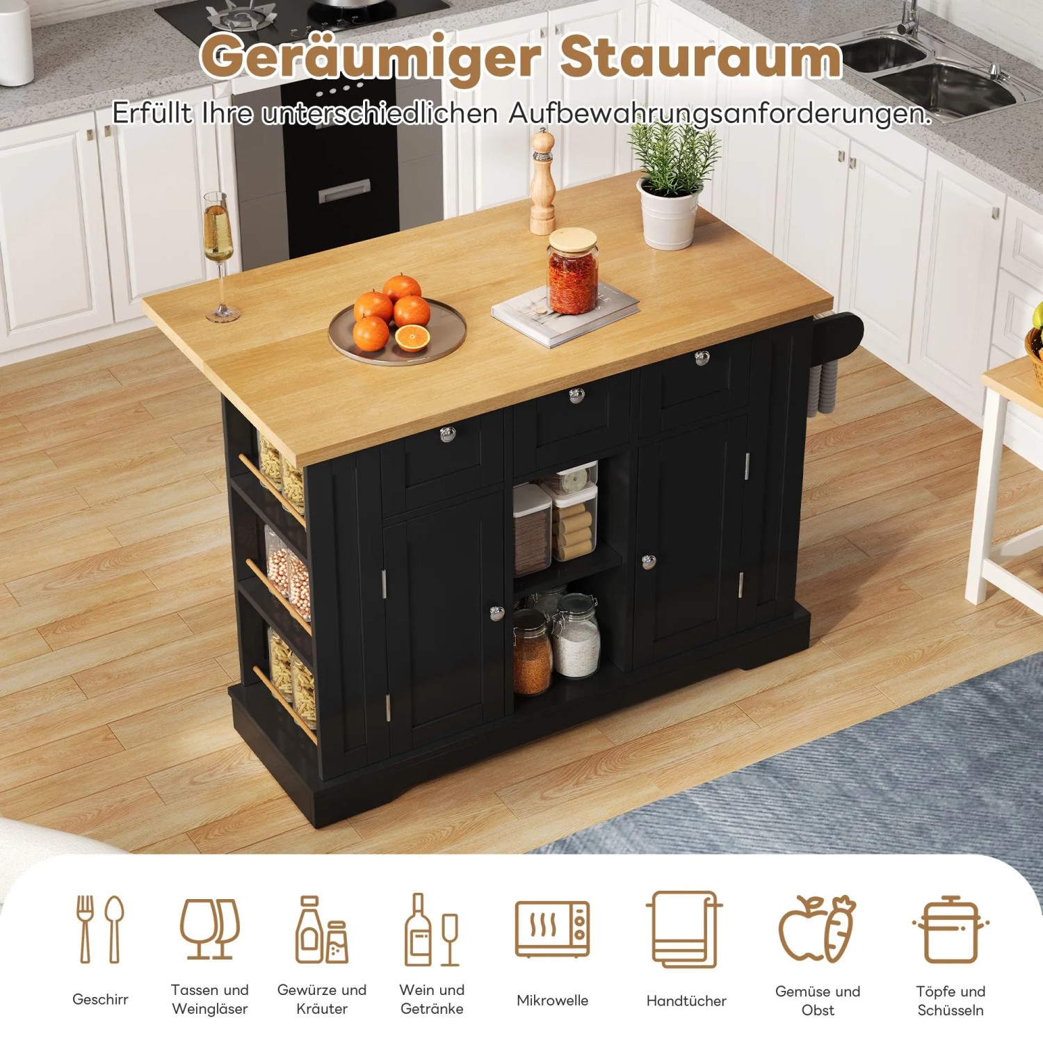 okwish Küchenwagen mit Klappbarer Arbeitsplatte Schublade Gewürzregal 132x40-70x87cm Schwarz_7