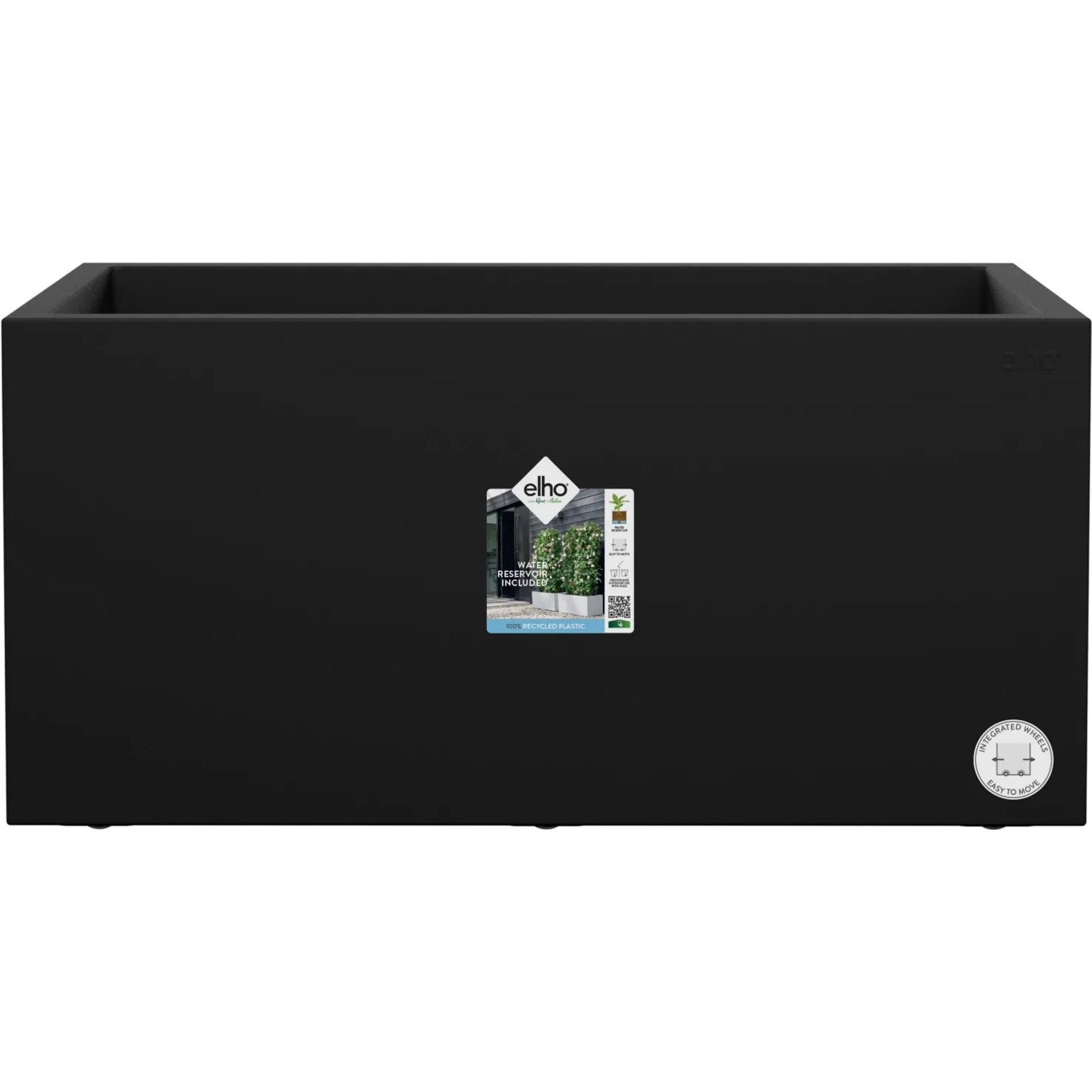 Schwarzer Elho Blumentopf Vivo Next Lang mit Rollen, 59x29,5x29,2 cm, ideal für Innen- und Außenbereich.