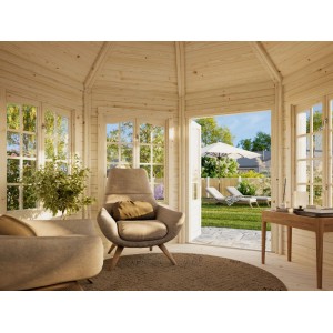 Innenansicht: Palmako Holz-Pavillon Veronica 7 mit Fenstern und Einrichtung im Garten.
