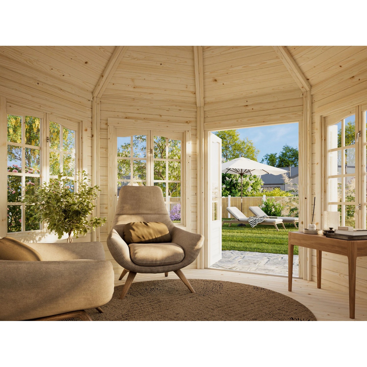 Innenansicht: Palmako Holz-Pavillon Veronica 7 mit Fenstern und Einrichtung im Garten.