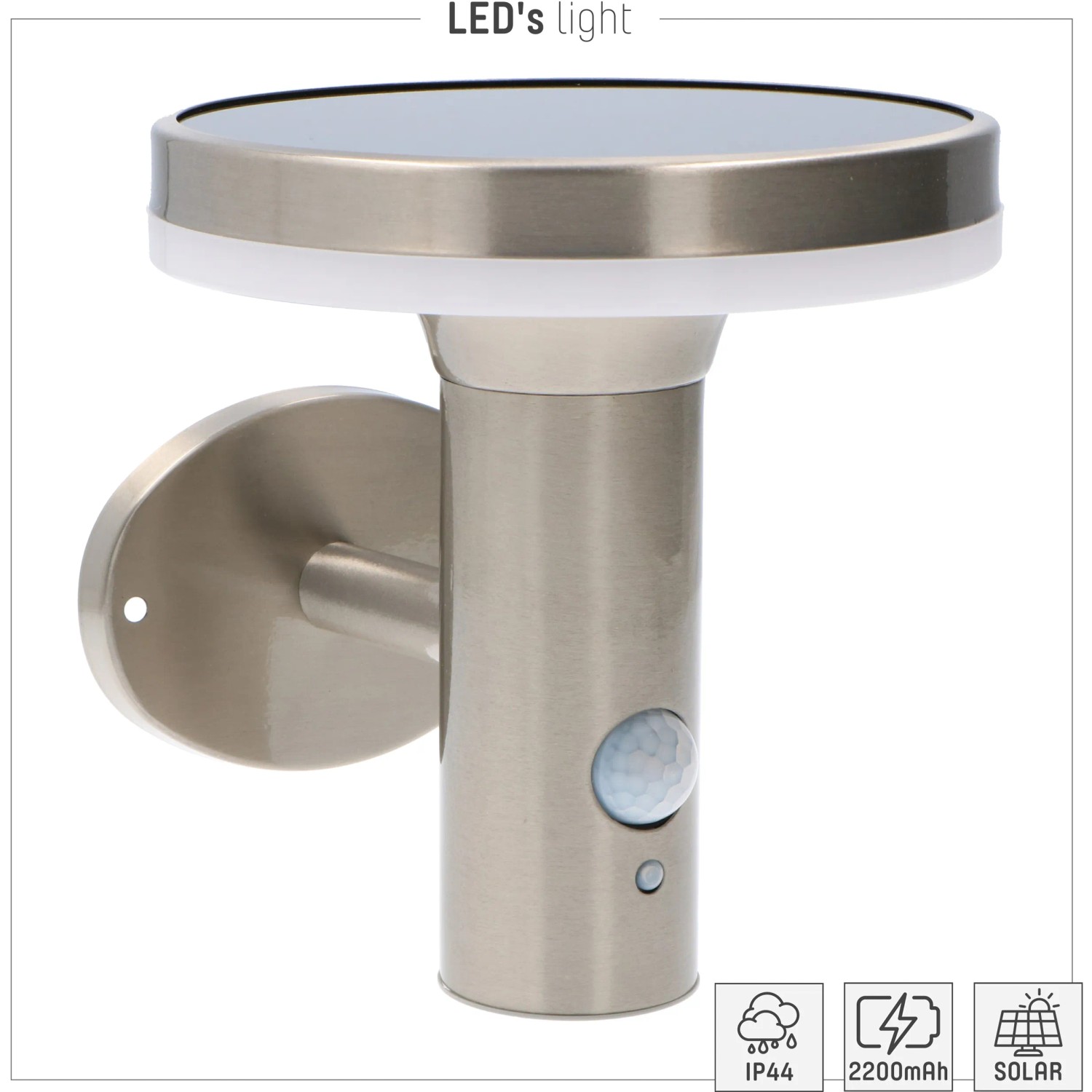 Solar-Wandleuchte Sevilla aus rostfreiem Stahl mit Sensor, 6W, 600lm, 2700K, IP44.