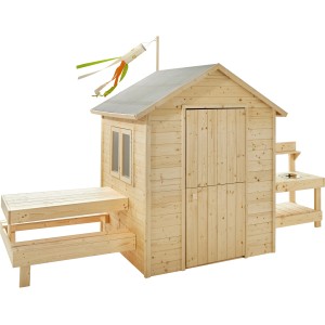 Soulet Kinderspielhaus Blanche aus Holz mit Küche und Picknicktisch.