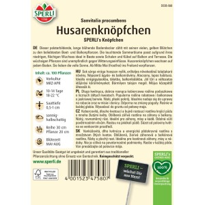 Samenpackung Husarenknöpfchen 'SPERLI's Knöpfchen'. Gelbe Blüten auf der Packung abgebildet.