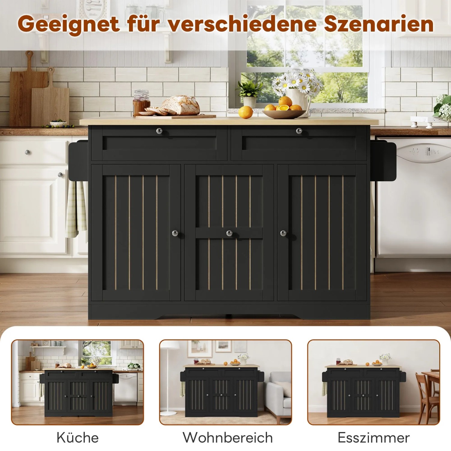 Schwarze okwish Kücheninsel mit klappbarer Holz-Arbeitsplatte, Schubladen, Rollen, vielseitig für Küche, Wohn- und Esszimmer.
