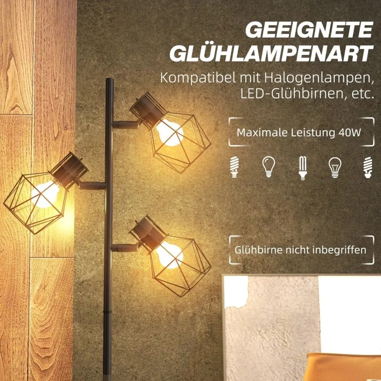 Schwarze HOMCOM Stehlampe mit 3 verstellbaren Leuchten, geometrischen Metallschirmen. Moderne Innenleuchte, max. 40W.