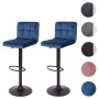 2er-Set Barhocker, petrol-blauer Samtbezug, schwarzes Metallgestell, höhenverstellbar.