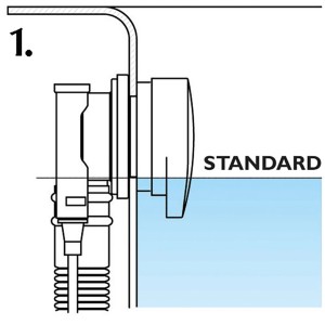 Schemazeichnung Ab- und Überlaufgarnitur für Badewanne mit Standard Wasserstand.
