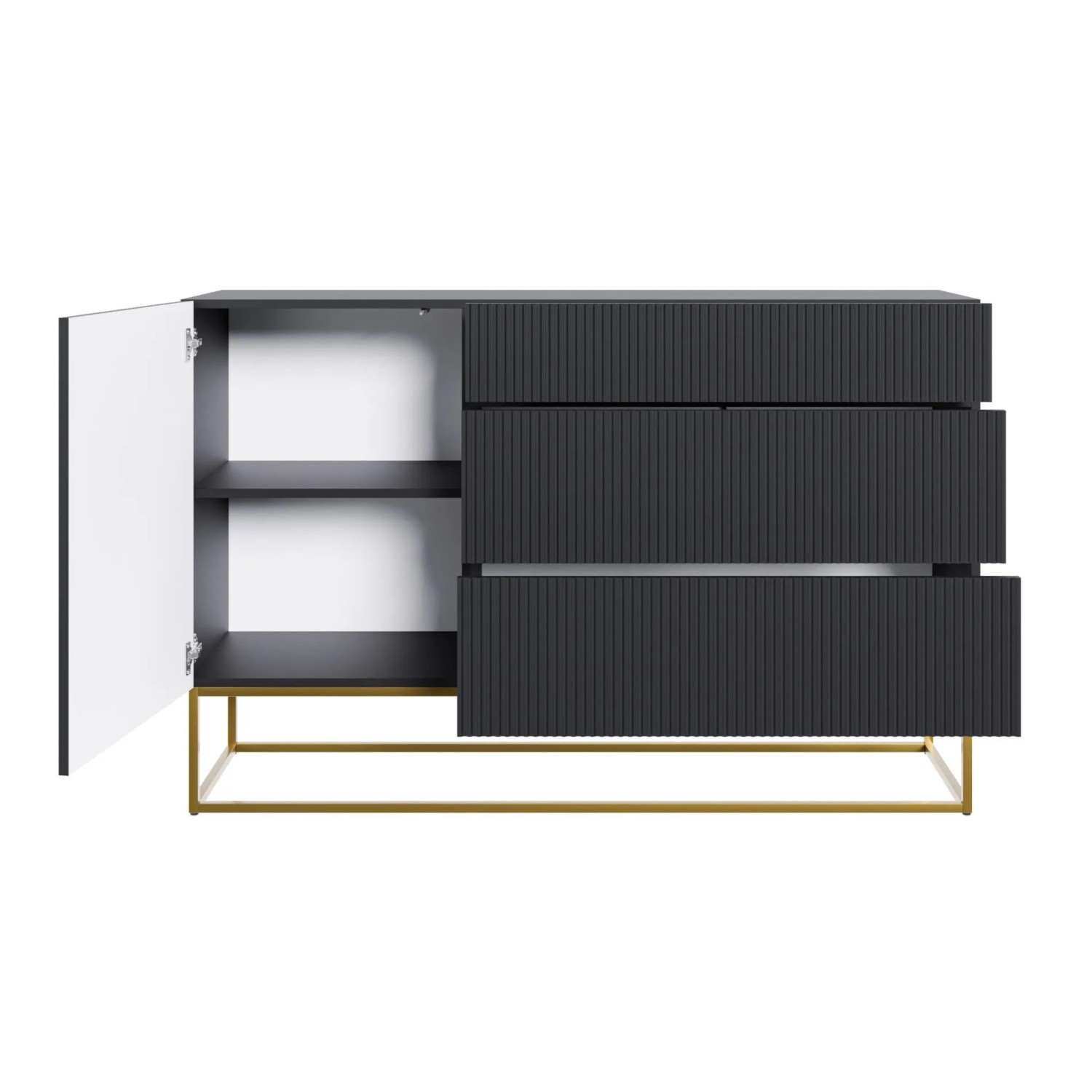 Modernes Selsey Sideboard Veldio 140 cm in Schwarz mit geriffelten Fronten, 3 Schubladen, offener Tür und goldenen Beinen.