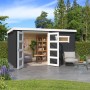 Modernes, carbongraues Lasita Holz-Gartenhaus Augusta mit geöffneten Doppeltüren und Flachdach.