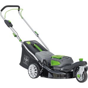 Lux Akku-Rasenmäher A-RM-2x 20/4/33 Set mit 40 l Fangkorb, klappbar für platzsparende Lagerung.