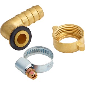 Schlauchverbinder aus Messing, 12,5 mm x 24,1 mm (G 3/4), mit Schlauchschelle und Tülle.
