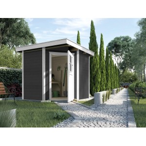 Anthrazitfarbenes weka Holz-Gartenhaus Angolo A mit Flachdach und geöffneter Tür in Gartenumgebung.