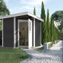 Anthrazitfarbenes weka Holz-Gartenhaus Angolo A mit Flachdach und geöffneter Tür in Gartenumgebung.