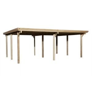 Weka Doppelcarport aus Holz mit flachem PVC-Dach, 603x512 cm. Ideal für zwei Stellplätze.