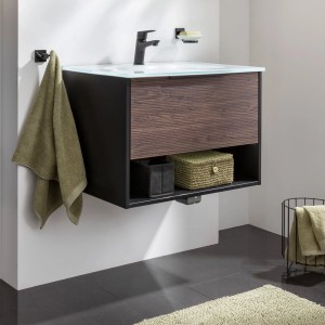 Fackelmann Waschtisch-Set B.Paris mit Glasbecken, 70,5cm, Schwarz Matt und Rigoletto Eiche Dekor.