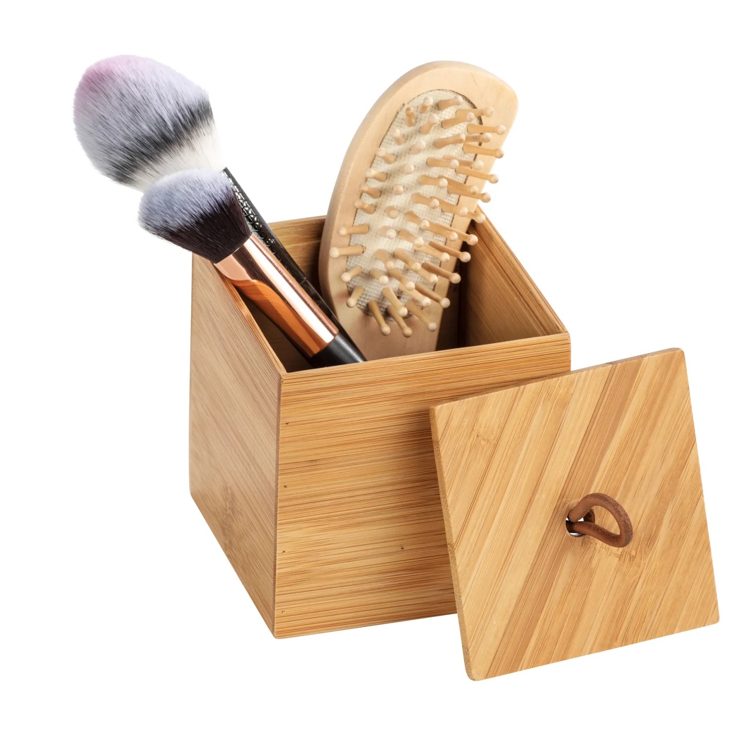 Wenko Bambus Box Terra S mit Deckel, gefüllt mit Bürsten und Kamm. Naturfarbene Aufbewahrungsbox aus Bambus.