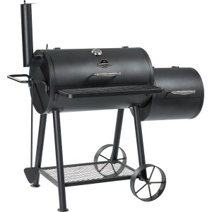 Schwarzer Jamestown Smoker Charlton Holzkohlegrill mit Ablagefläche und Rädern.