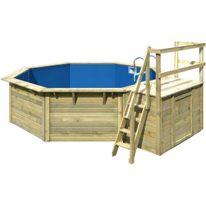 Karibu Holzpool Set mit Sonnenterrasse, Leiter und Filteranlage.