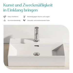 Weißes, rechteckiges Emke Keramik-Waschbecken mit Hahnloch und integrierter Ablage. Modernes Aufsatz- oder Wandwaschbecken für Ihr Bad.