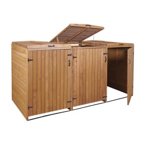MCW 3er/6er Mülltonnenbox H74 braun, Holzverkleidung für drei Mülltonnen, ein Deckel geöffnet.