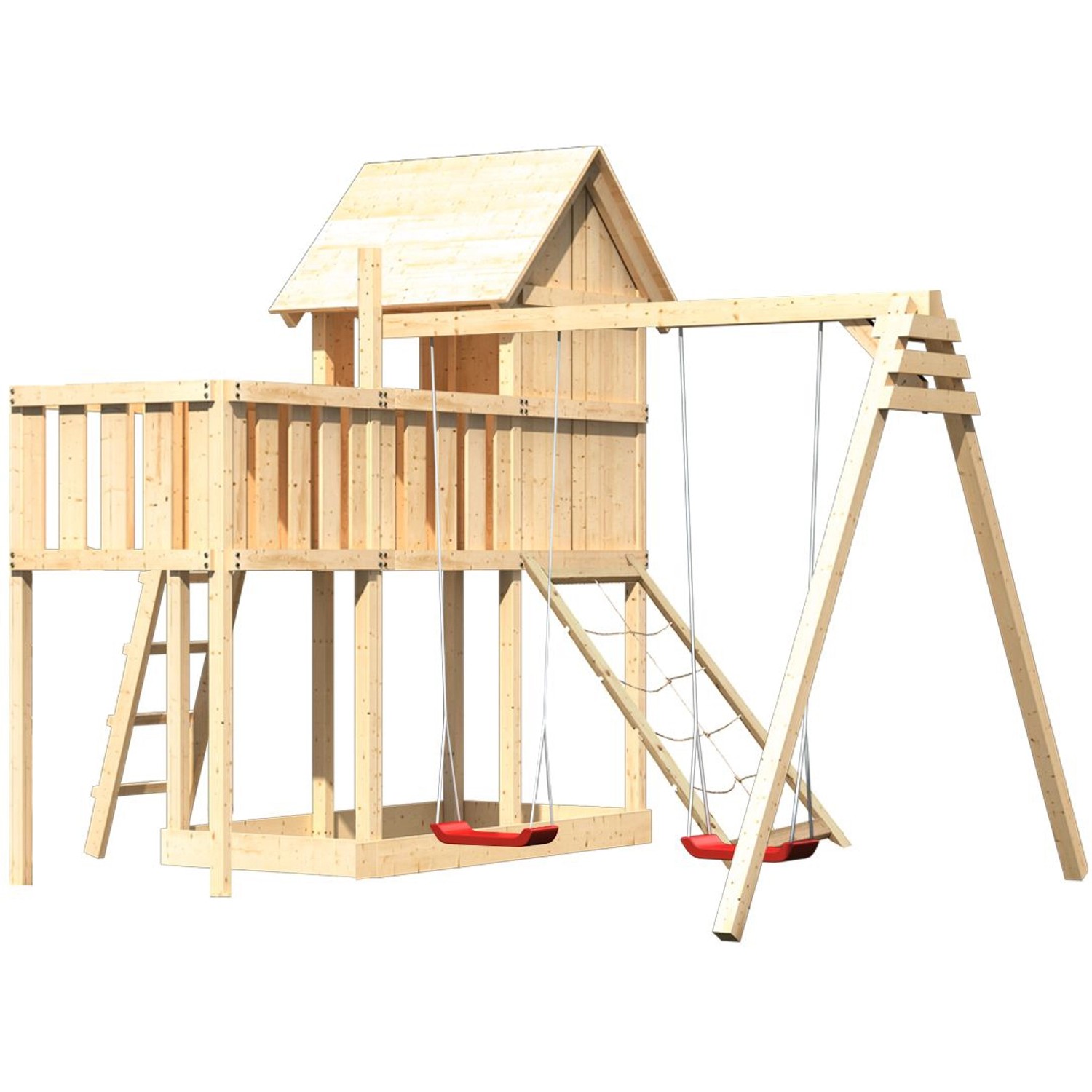 Karibu Stelzenhaus Frieda mit Doppelschaukel, Anbau, Netzrampe und Leiter aus Holz.