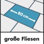 Verlegte, graue Fliesen, eine blau hervorgehoben mit Maßangabe 80 cm. Hinweis auf große Fliesen.