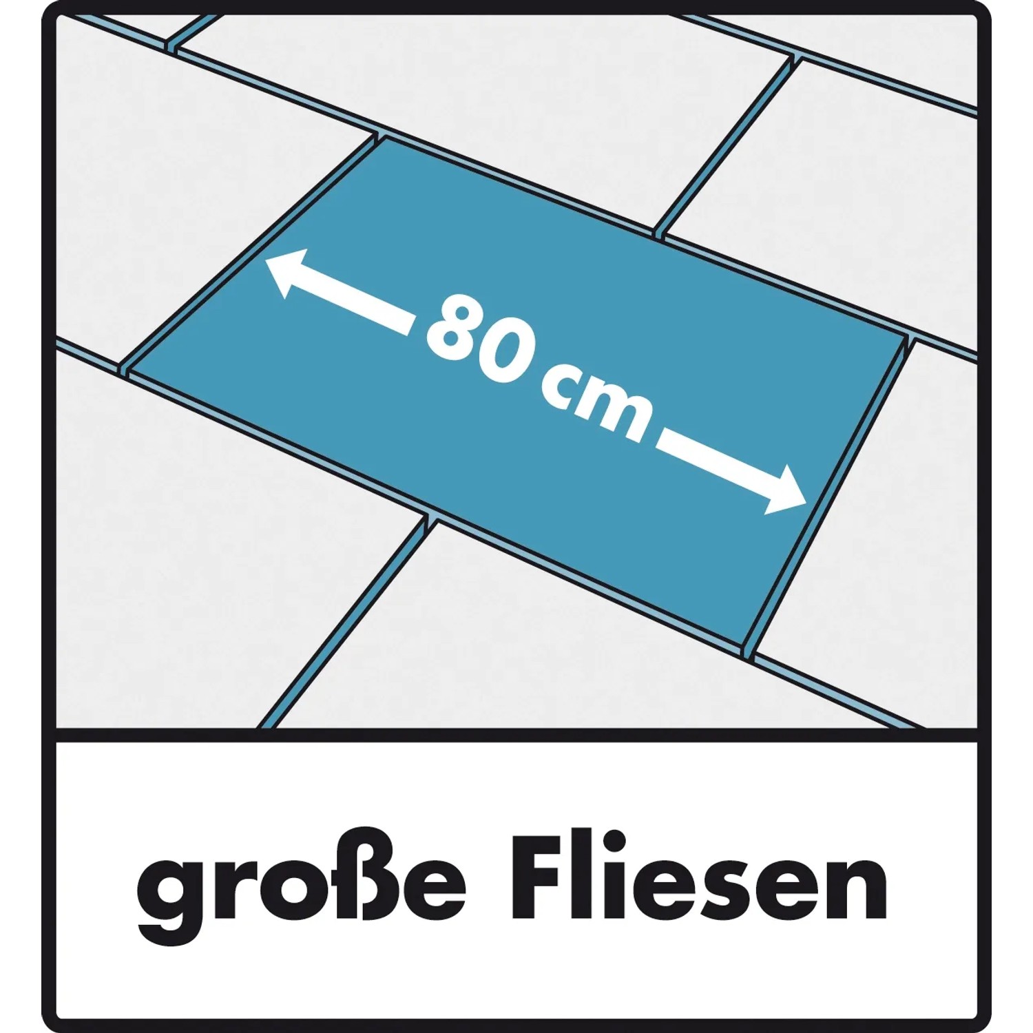 Verlegte, graue Fliesen, eine blau hervorgehoben mit Maßangabe 80 cm. Hinweis auf große Fliesen.
