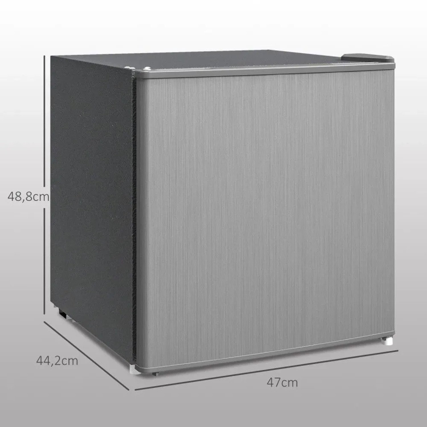 Kompakter HOMCOM Mini-Gefrierschrank 35L in Grau, freistehend, mit gebürsteter Front und Maßen 47x44,2x48,8cm.
