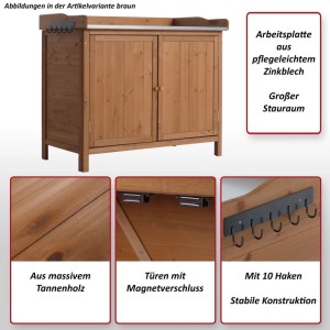 Gartenschrank MCW mit Zink-Arbeitsplatte, 86x104x52cm, aus Holz, mit Stauraum und Haken.