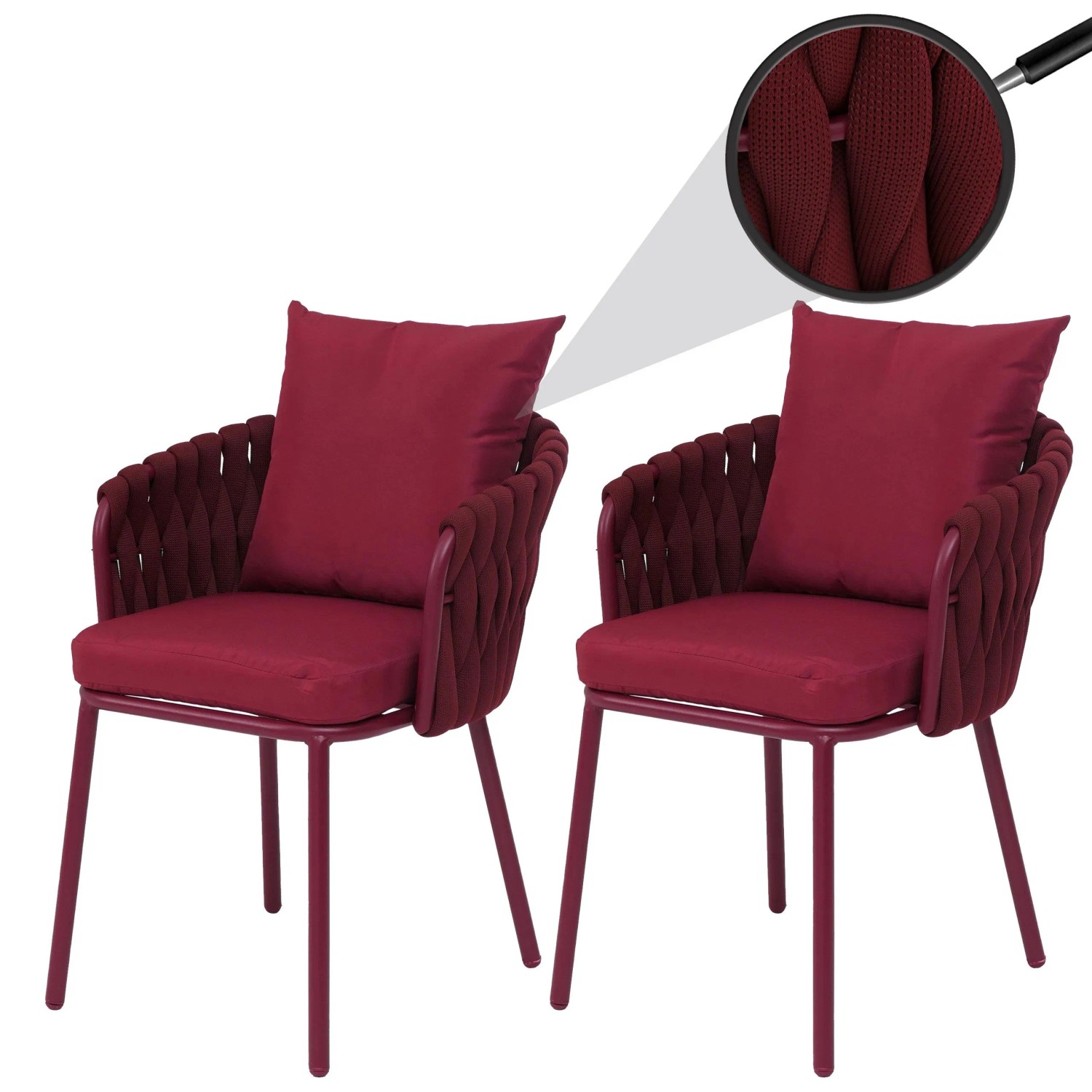2er Set bordeauxrote Gartenstühle mit Seilgeflecht und Aluminiumgestell.