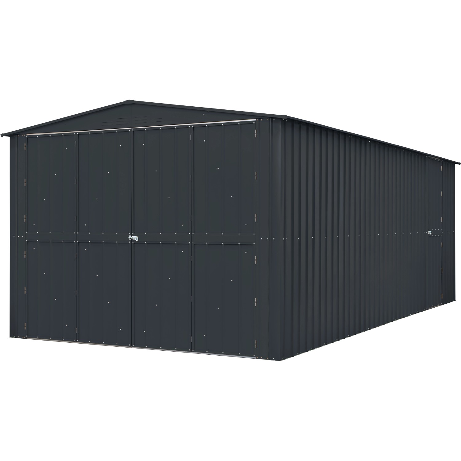 Globel Gerätehaus Parker 1015 in Anthrazit: Großes Metallgerätehaus mit Doppeltür und Satteldach.